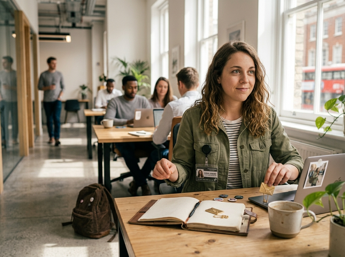 A person settling into a new desk on their first day at work