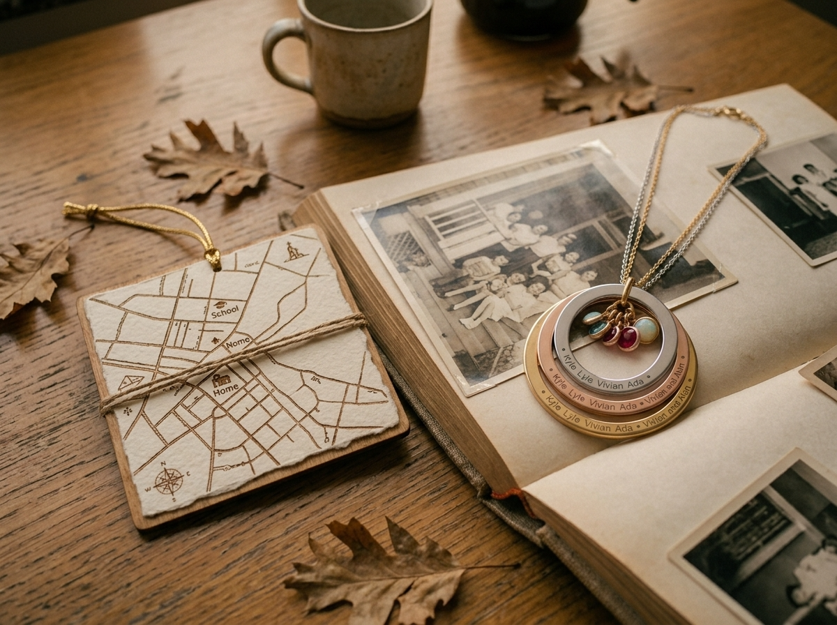 An engraved photo necklace and a map ornament laid out together with an old photograph