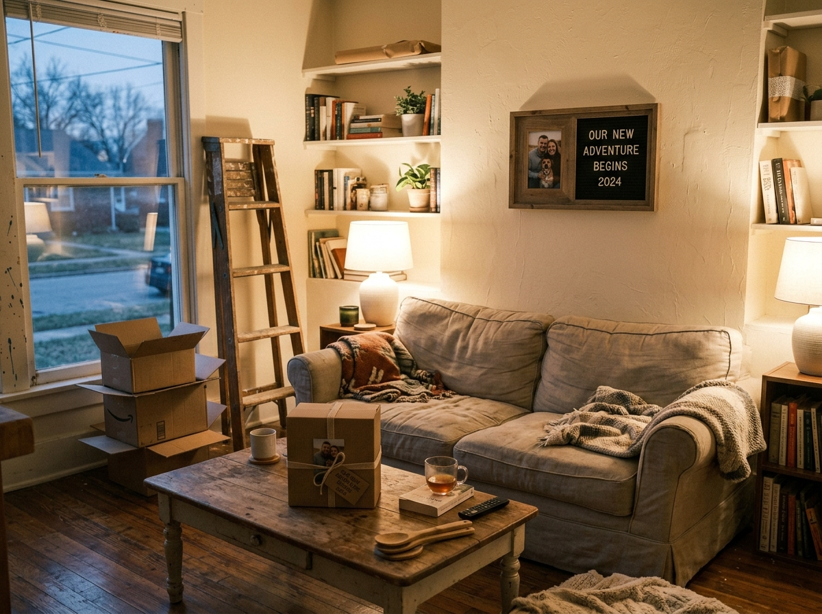 A half-decorated new living room with a personalized frame and a gift box