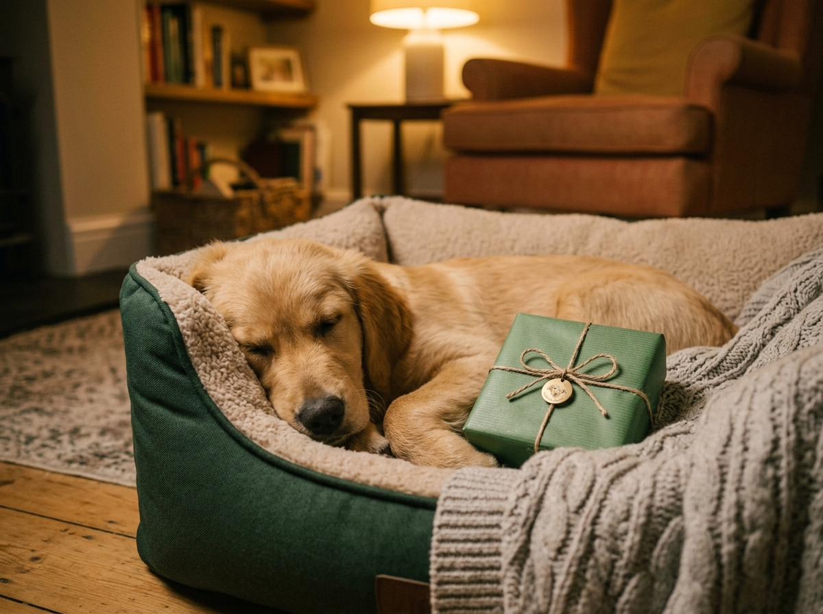 A small wrapped gift box next to a sleeping puppy on a dog bed