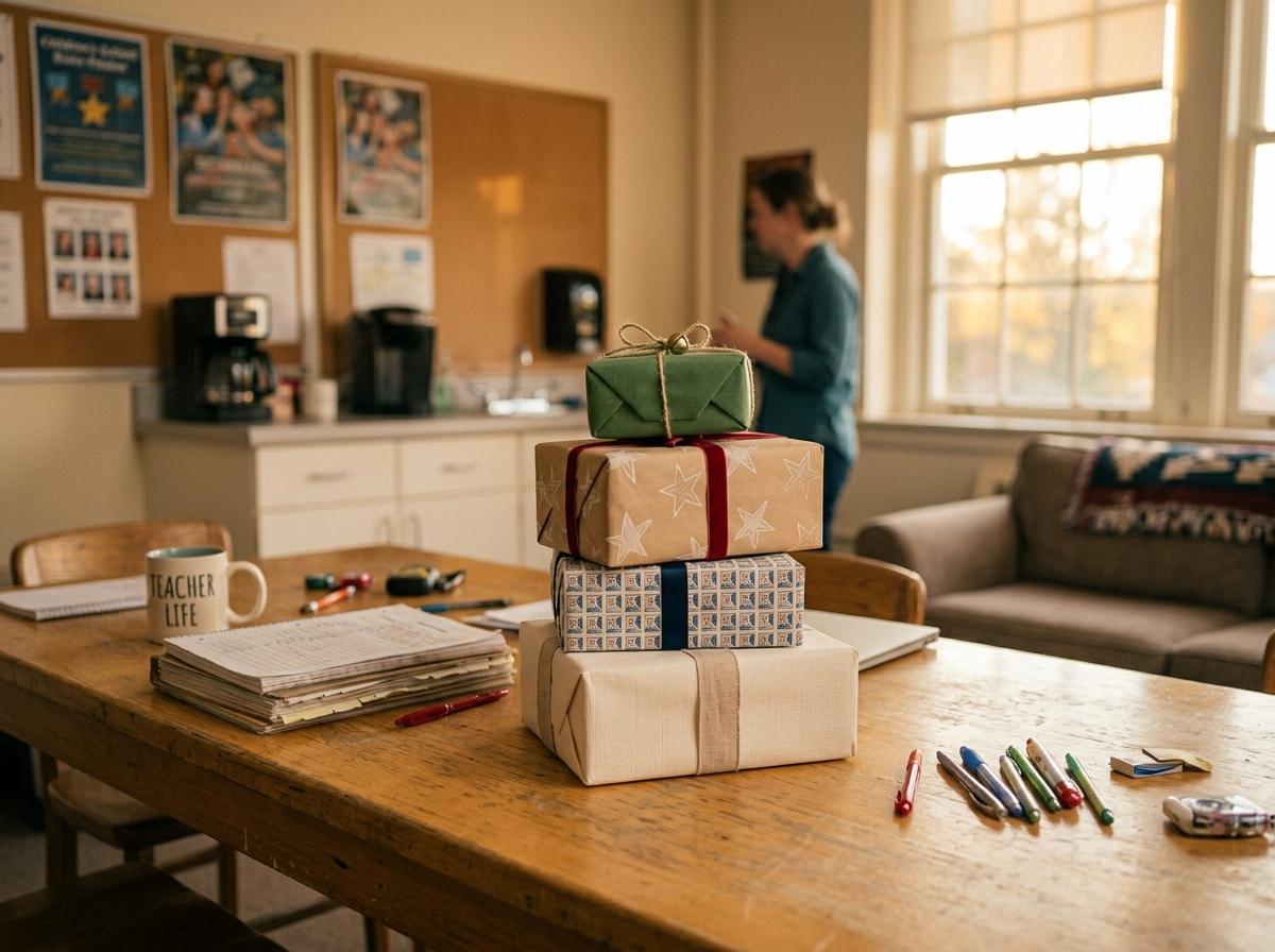 A stack of several small wrapped gifts on a teacher's lounge table
