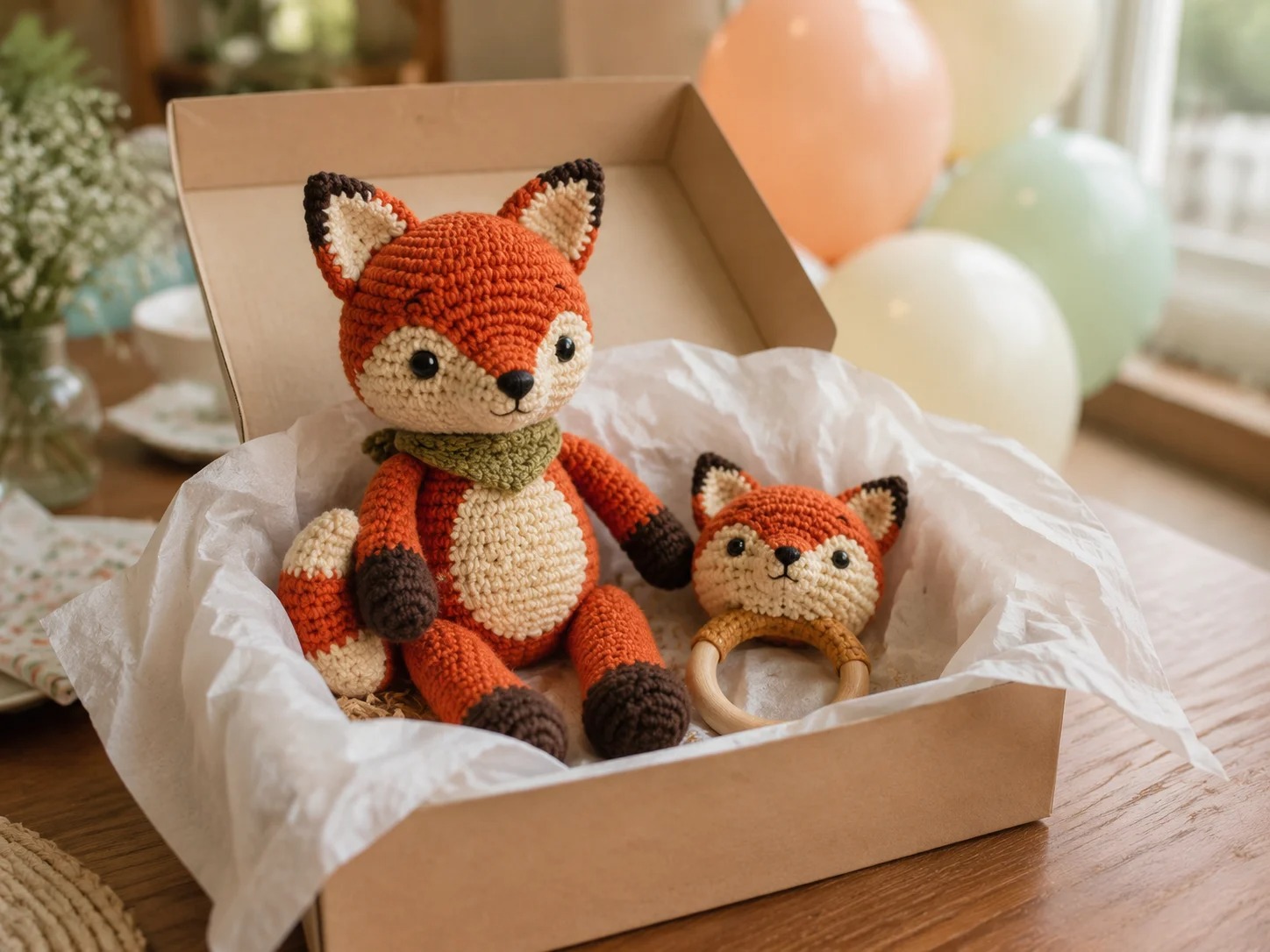 A crocheted animal doll and its matching wooden ring rattle laid inside an open gift box at a baby shower
