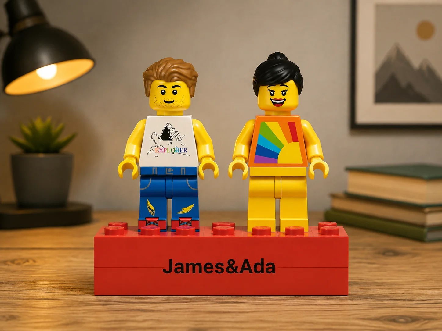 Two custom minifigs, one wearing a graphic "Explorer" mountain tee and one wearing a rainbow sunrise tee, on a red base engraved "James&Ada"