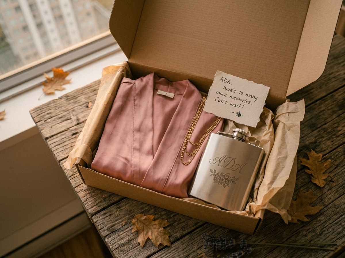 An overhead flat lay of an open proposal box with a folded robe, an engraved flask, and a handwritten note inside
