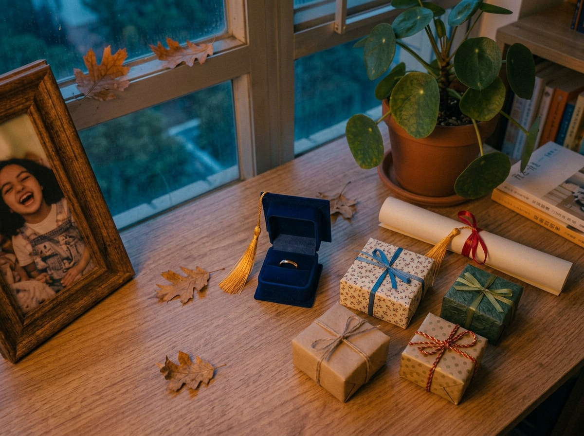 An overhead flat lay of a graduation cap, diploma, and four small wrapped gifts on a table