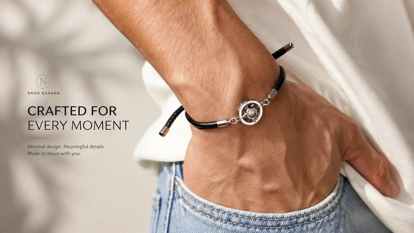 A man wearing the black leather compass charm bracelet on his wrist, styled with a white t-shirt and jeans