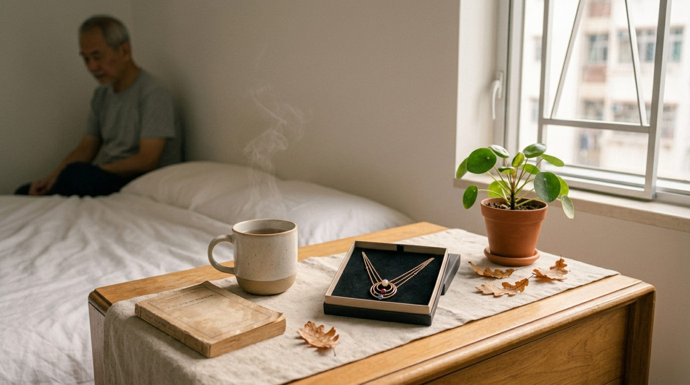 A bedside table with tea, a book, and a necklace in an open box, calm morning light