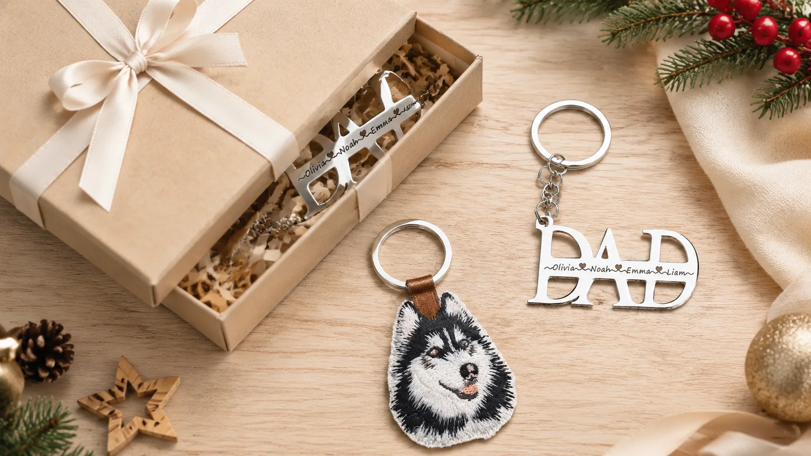 Gift box with personalized keychains scattered around on a wooden table, ready for gifting