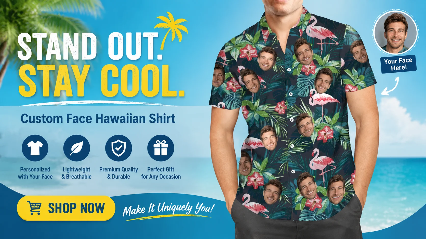 A different man wearing the custom face Hawaiian shirt on a tropical beach, showing the design works with any uploaded photo