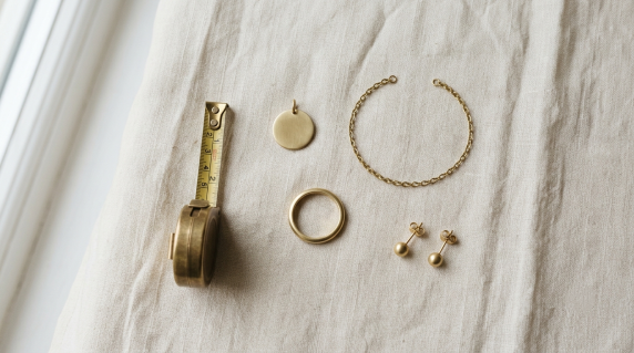 Flat lay of four blank jewellery blanks &mdash; pendant, bracelet chain, ring band, earring studs &mdash; arranged on linen with a tape measure