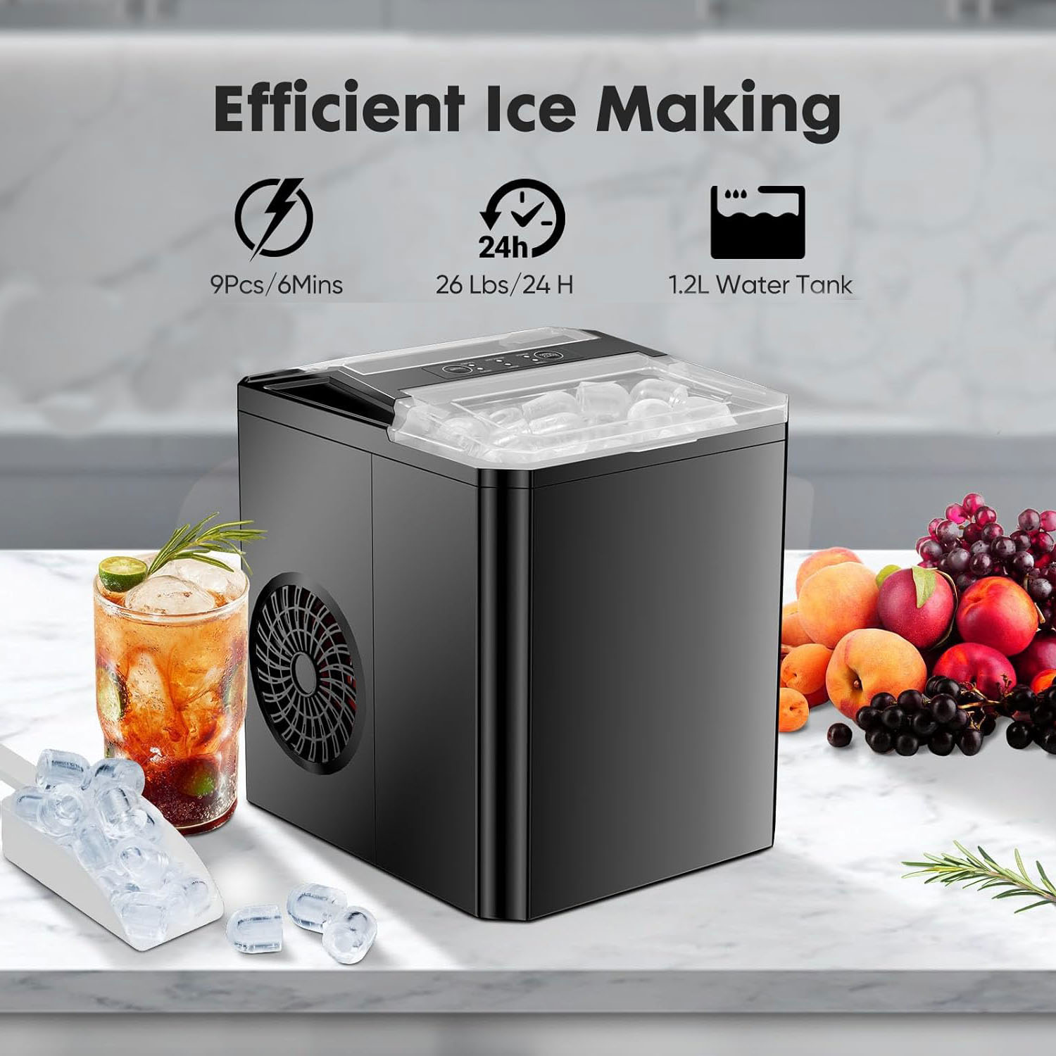 Countertop Ice Maker One-Click Operation Ice Machine with Self-Cleaning 9 Cubes in 6 Mins 26 lbs/24Hrs 2 Sizes of Bullet Ice for Home Party Office