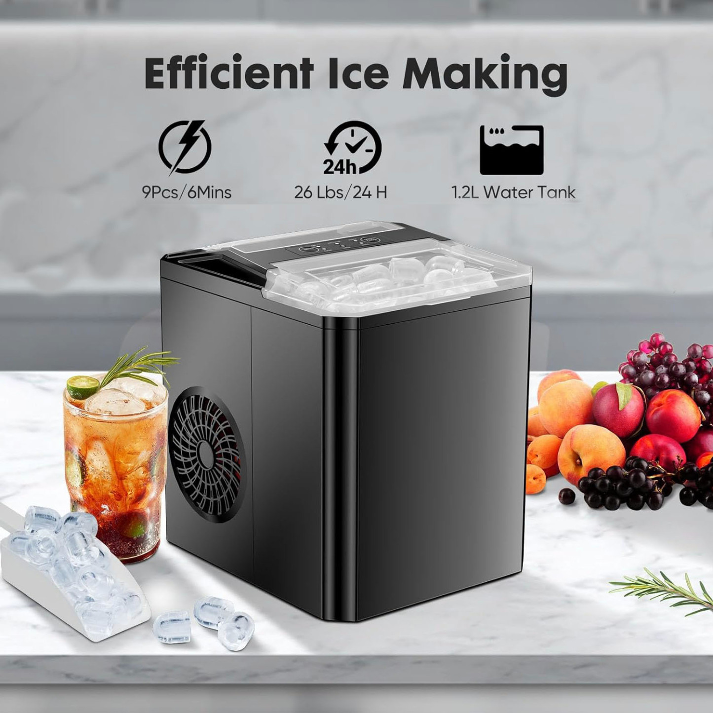 Countertop Ice Maker One-Click Operation Ice Machine with Self-Cleaning 9 Cubes in 6 Mins 26 lbs/24Hrs 2 Sizes of Bullet Ice for Home Party Office