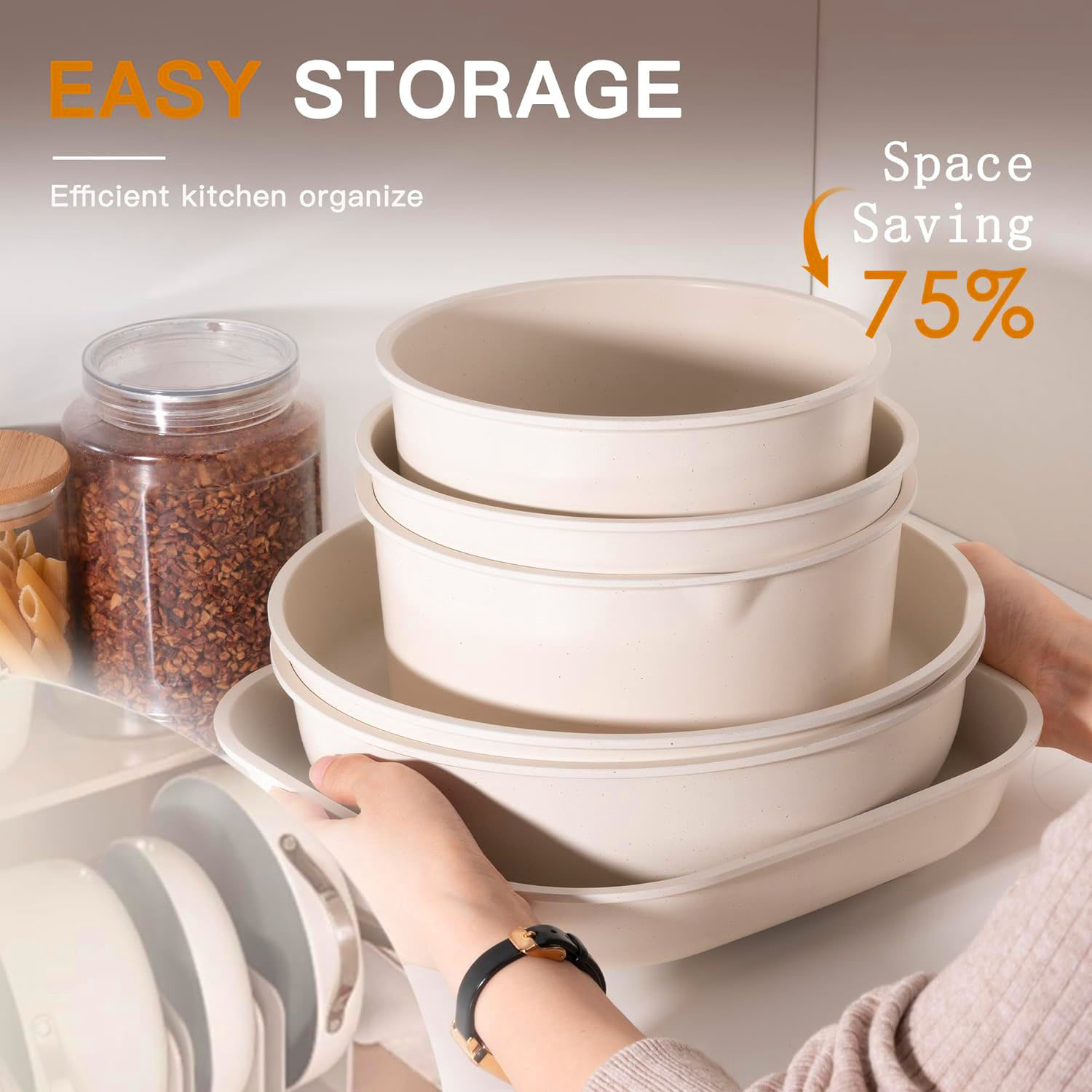 23 Pcs Pots and Pans Set Non Stick Ceramic Cookware Set Detachable Handle Healthy Non Stick for RV, Dishwasher ＆ Oven Safe Stackable Non-stick Set Cream White