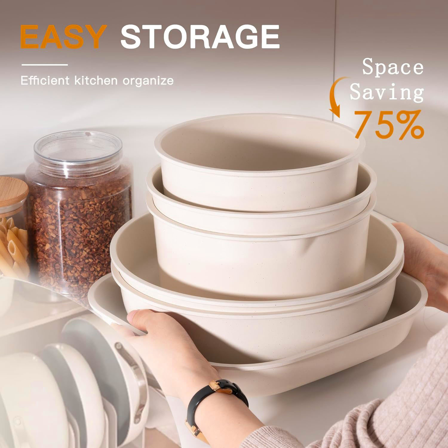 23 Pcs Pots and Pans Set Non Stick Ceramic Cookware Set Detachable Handle Healthy Non Stick for RV, Dishwasher ＆ Oven Safe Stackable Non-stick Set Cream White