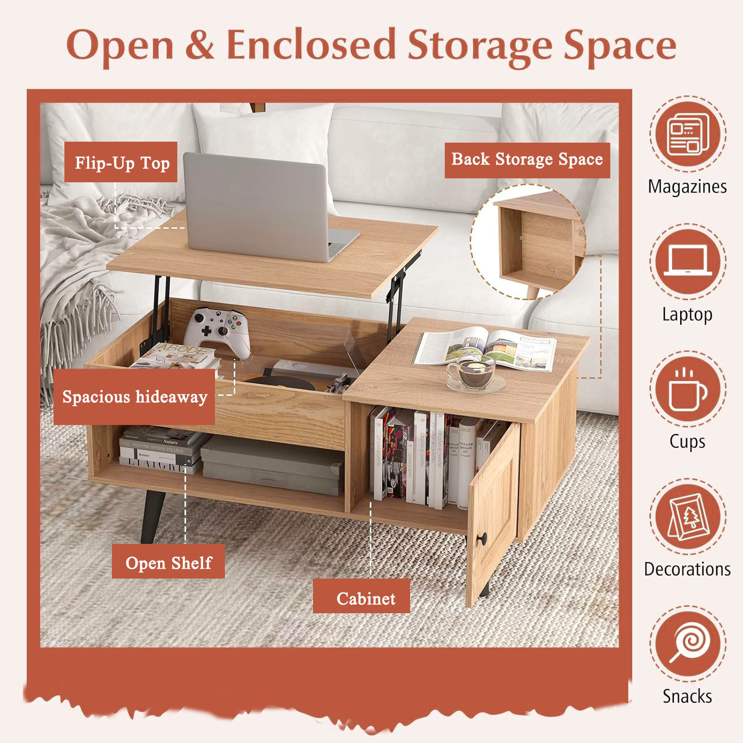 Lift Top Coffee Table with Storage Living Room Table with Hidden Compartment Cabinet & Open Shelf Flip Top Center Table, Pull up Coffee Table for Home, Office  Home Small Space Natural
