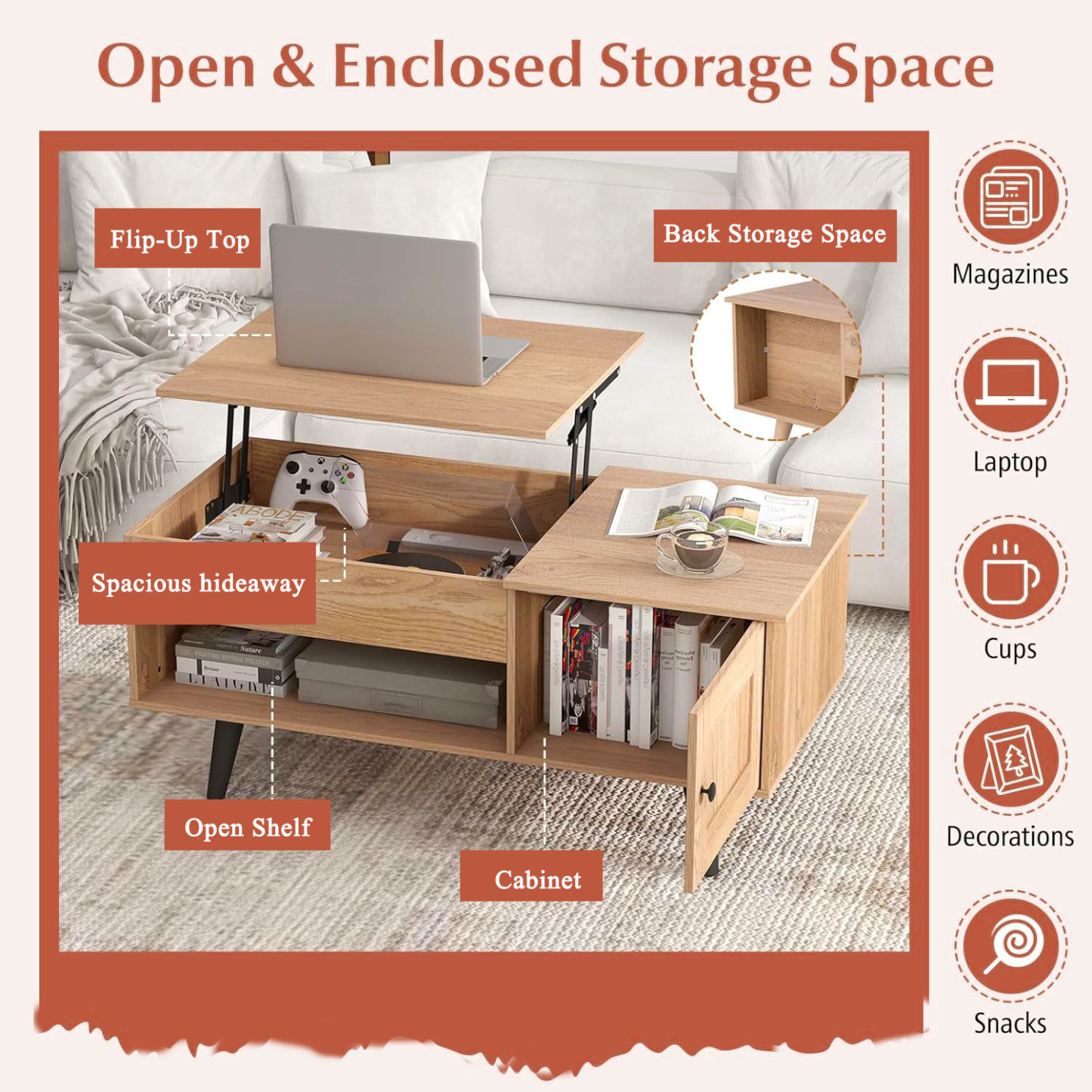 Lift Top Coffee Table with Storage Living Room Table with Hidden Compartment Cabinet & Open Shelf Flip Top Center Table, Pull up Coffee Table for Home, Office  Home Small Space Natural