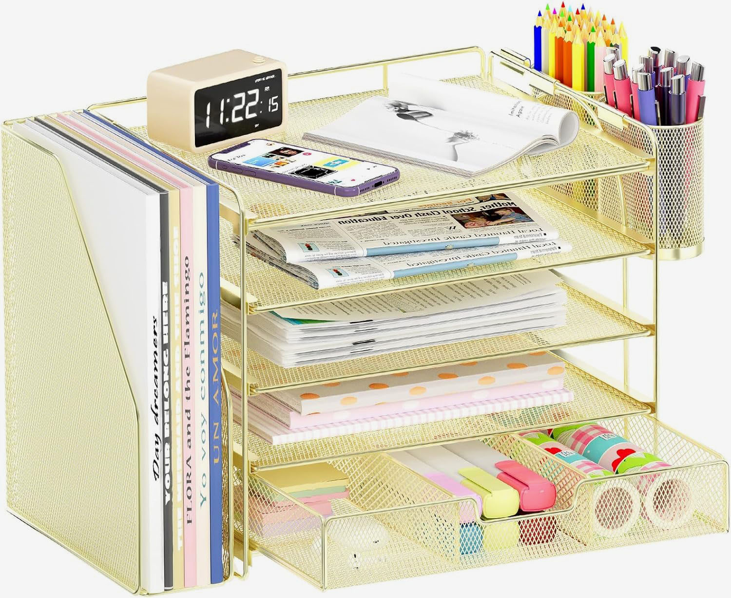Desk Organizers and Accessories 5-Tier Paper File Organizer with Drawer & Pen Holder Simple Trending 5-Tier Desk File Organizer Office Desk Accessories  Workspace Desktop Organizer for Office Supplies