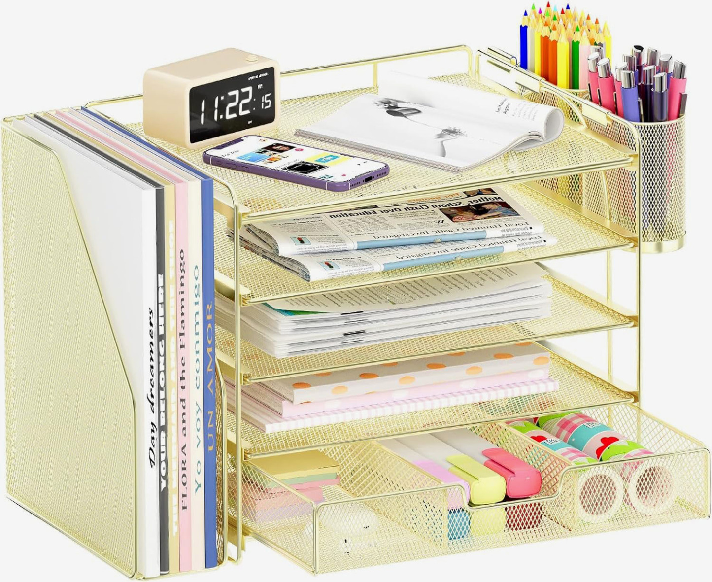 Desk Organizers and Accessories 5-Tier Paper File Organizer with Drawer & Pen Holder Simple Trending 5-Tier Desk File Organizer Office Desk Accessories  Workspace Desktop Organizer for Office Supplies