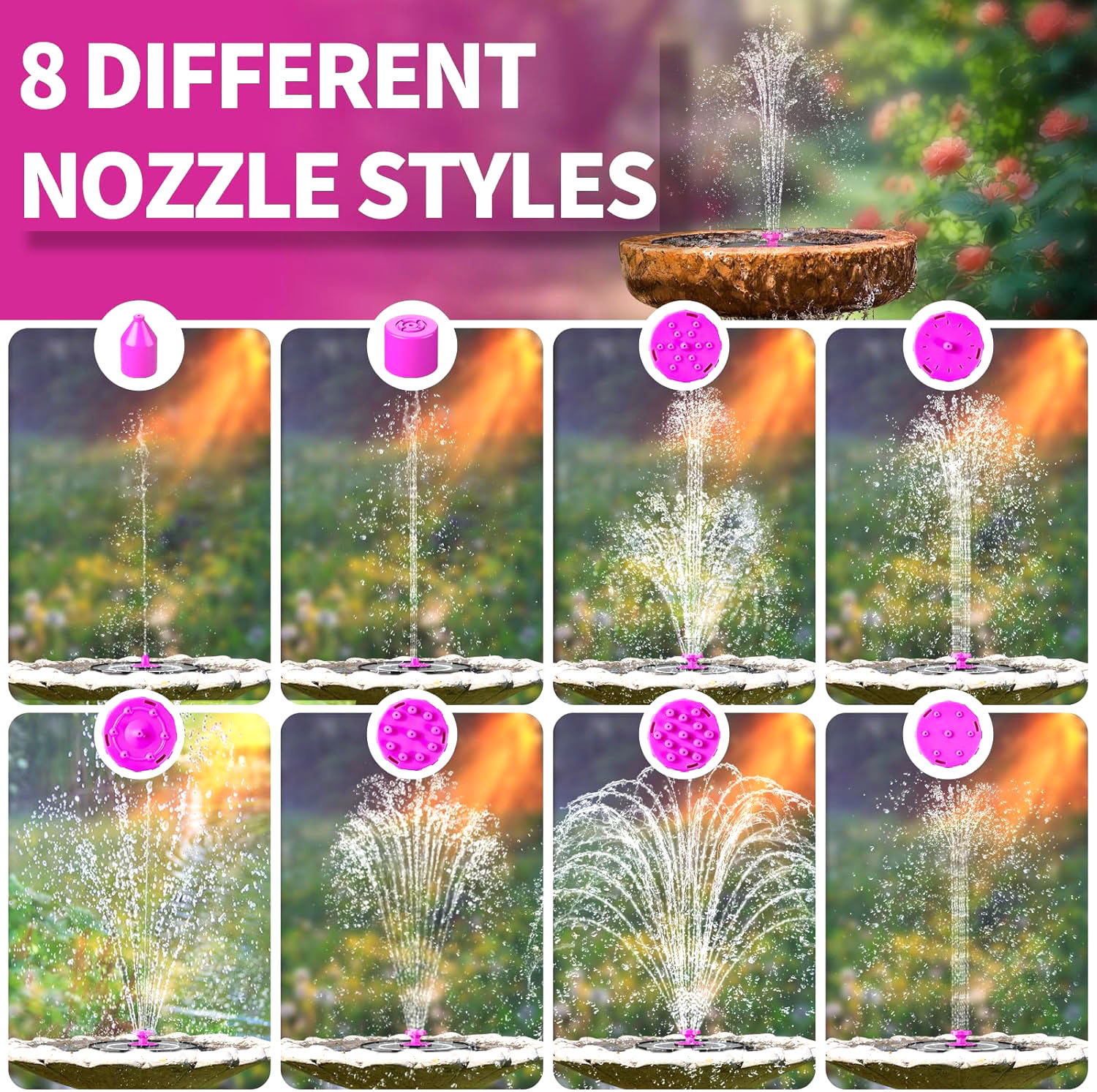 Solar Bird Bath Fountain Pump 2025 Upgrade 4W Solar Powered Water Pump Outdoor Water Fountain with 8 Nozzles For Bird Bath, Garden, Pond, Pool, Outdoor