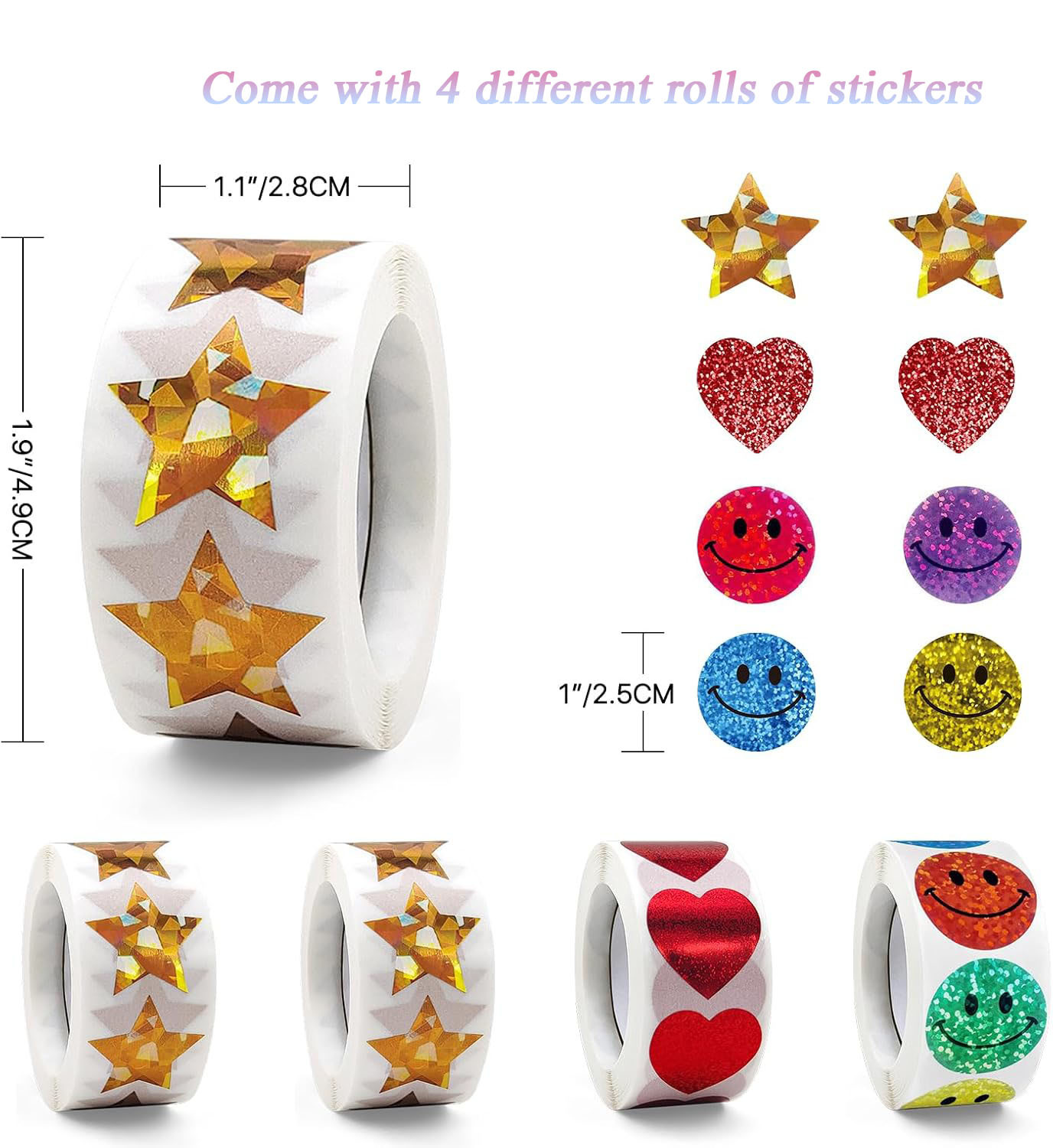 Manual Sticker Dispenser for Rolls of Stickers  1520 Pieces of 1 Inch Holographic Gold Star, Red Heart, Smiley Face Stickers  For children rewards, behavioral performance Teacher supplies for school classrooms School Classroom Teacher Supplies