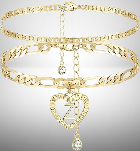 14K gold plated women's monogrammed anklet: hand layered Figaro chain with customized initials and heart elements for an exclusive ankle bracelet