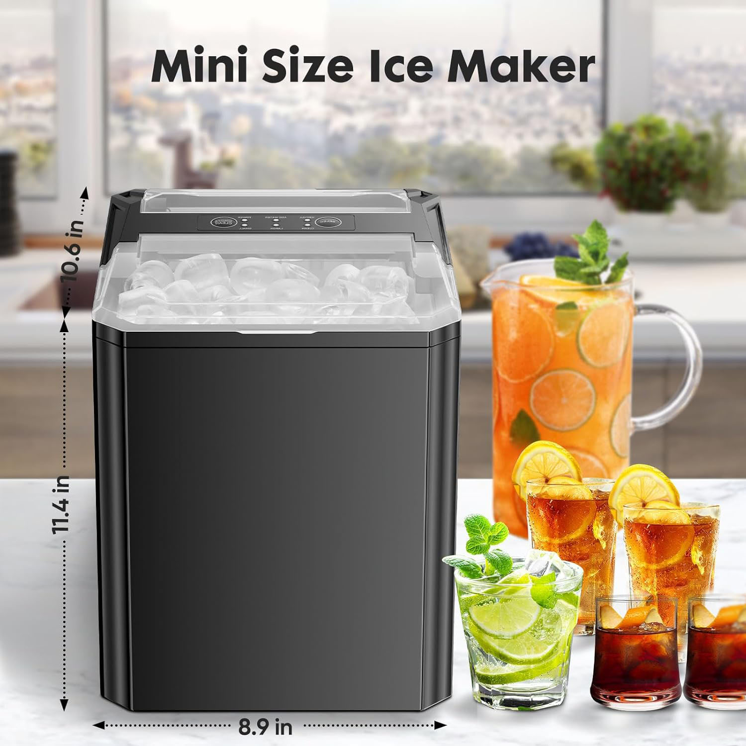 Countertop Ice Maker One-Click Operation Ice Machine with Self-Cleaning 9 Cubes in 6 Mins 26 lbs/24Hrs 2 Sizes of Bullet Ice for Home Party Office