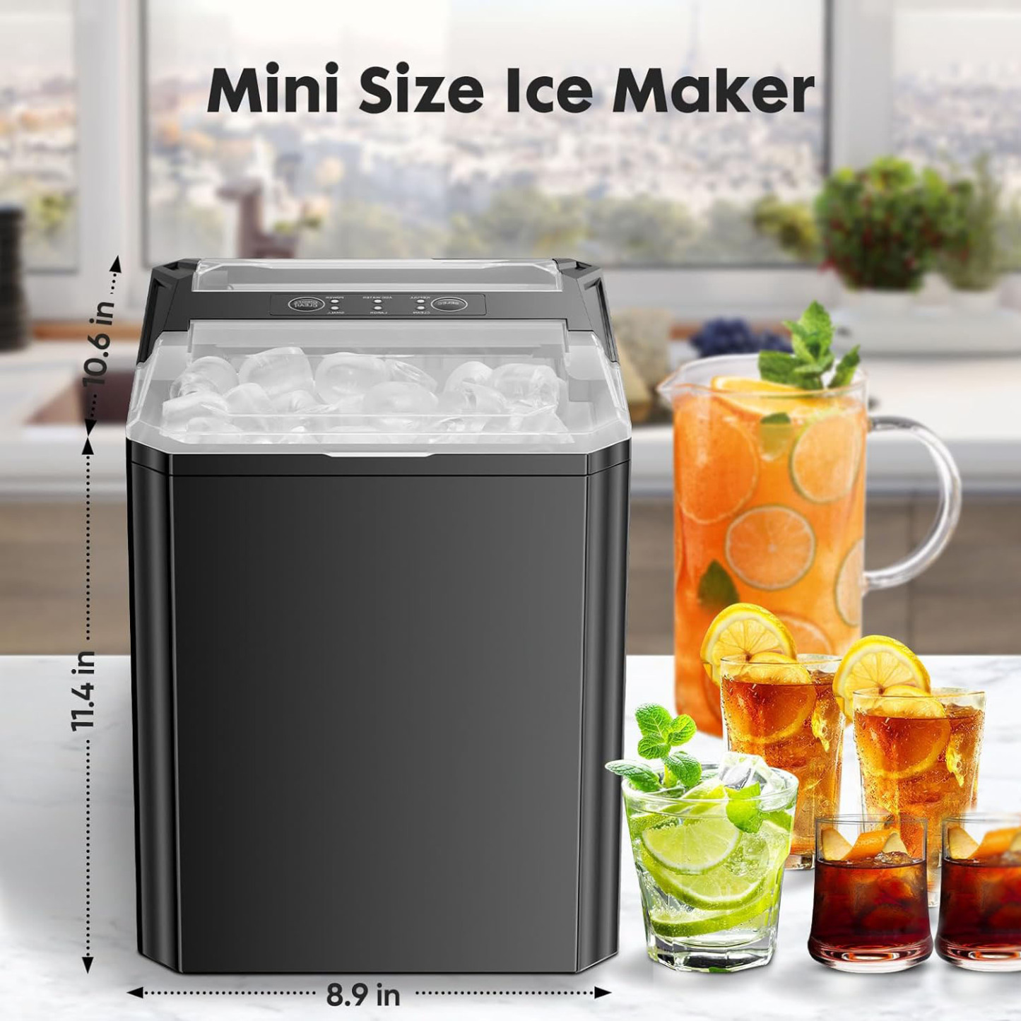 Countertop Ice Maker One-Click Operation Ice Machine with Self-Cleaning 9 Cubes in 6 Mins 26 lbs/24Hrs 2 Sizes of Bullet Ice for Home Party Office