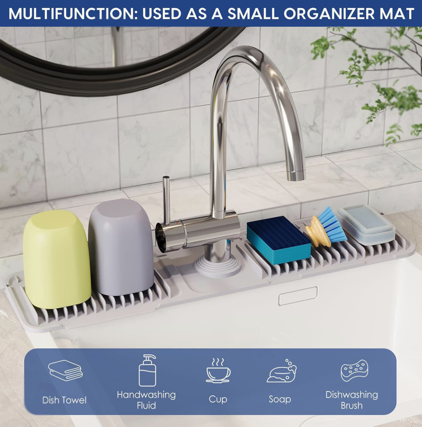 3 size Silicone Faucet Mat for Kitchen Sink Splash Guard Behind Faucet 7°Slope Sink Water Splash Guard Draining Mat for Kitchen Sink Area Faucet Mat for Bathroom Sink with Fasten Button