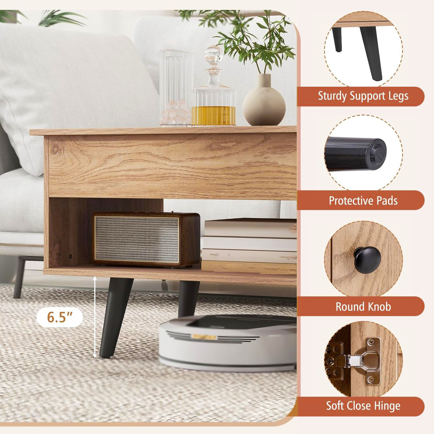 Lift Top Coffee Table with Storage Living Room Table with Hidden Compartment Cabinet & Open Shelf Flip Top Center Table, Pull up Coffee Table for Home, Office  Home Small Space Natural