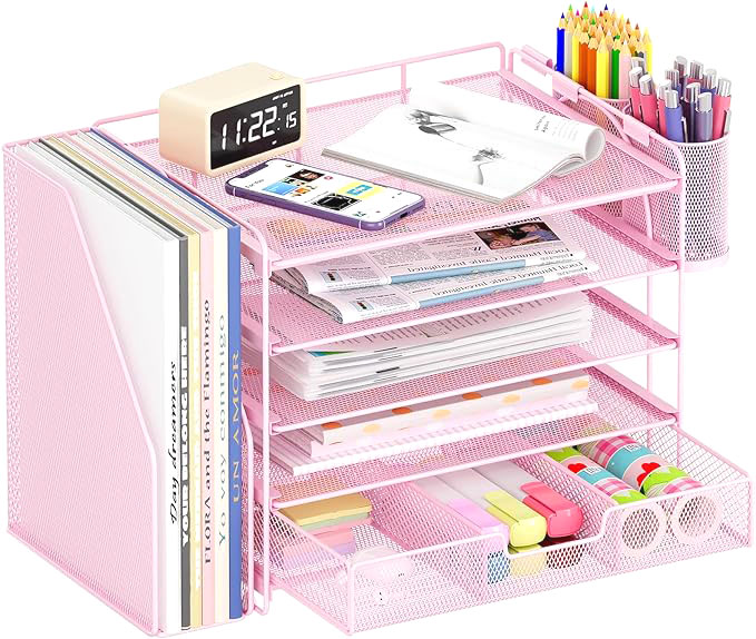 Desk Organizers and Accessories 5-Tier Paper File Organizer with Drawer & Pen Holder Simple Trending 5-Tier Desk File Organizer Office Desk Accessories  Workspace Desktop Organizer for Office Supplies
