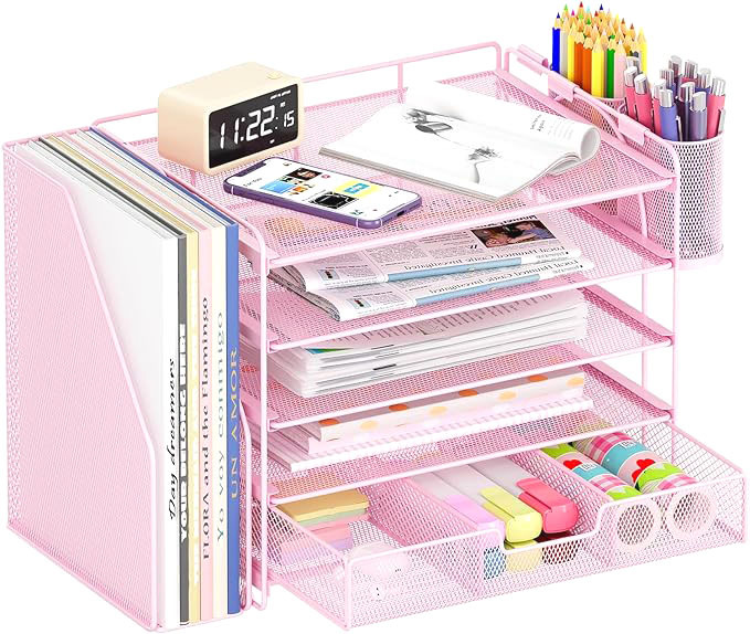 Desk Organizers and Accessories 5-Tier Paper File Organizer with Drawer & Pen Holder Simple Trending 5-Tier Desk File Organizer Office Desk Accessories  Workspace Desktop Organizer for Office Supplies