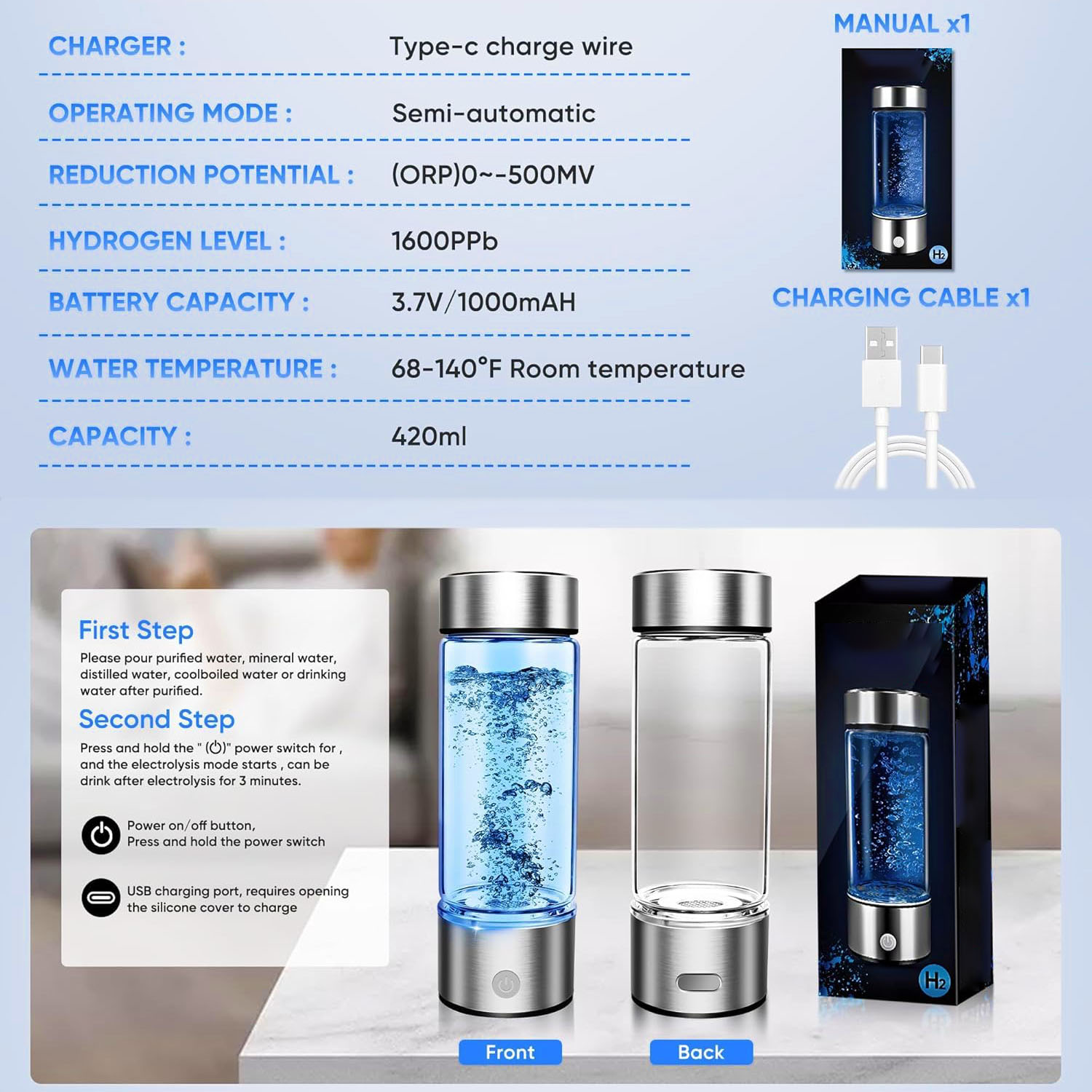 2025 Upgraded Hydrogen Water Bottle Portable Hydrogenated Water Bottle with SPE PEM Technology Portable Rechargeable aquahealth Hydrogen Water Bottle Generator,Portable Hydrogen Water Improve Water Quality in 3 Minutes Rechargeable Ionizer Machine for Hom