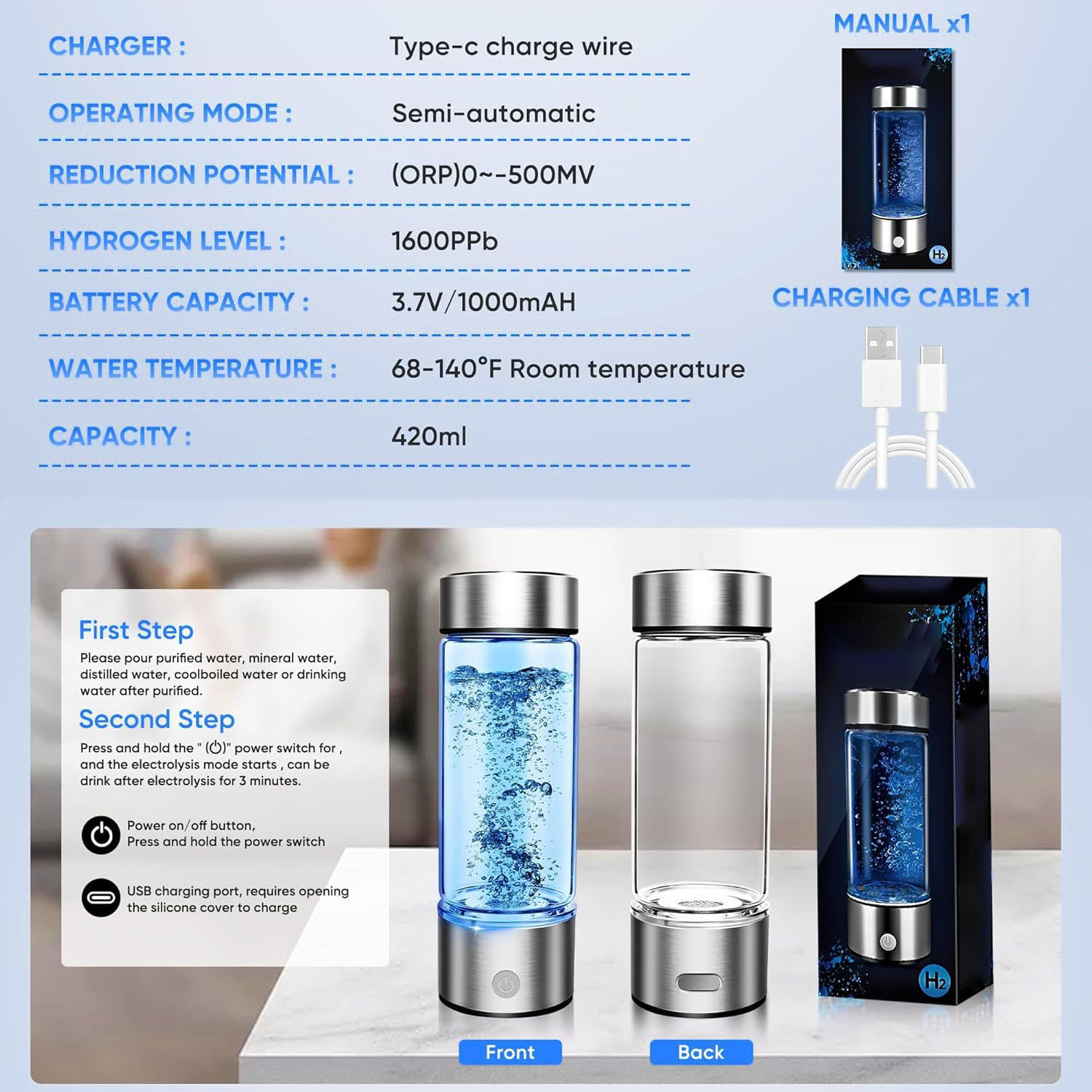 2025 Upgraded Hydrogen Water Bottle Portable Hydrogenated Water Bottle with SPE PEM Technology Portable Rechargeable aquahealth Hydrogen Water Bottle Generator,Portable Hydrogen Water Improve Water Quality in 3 Minutes Rechargeable Ionizer Machine for Hom