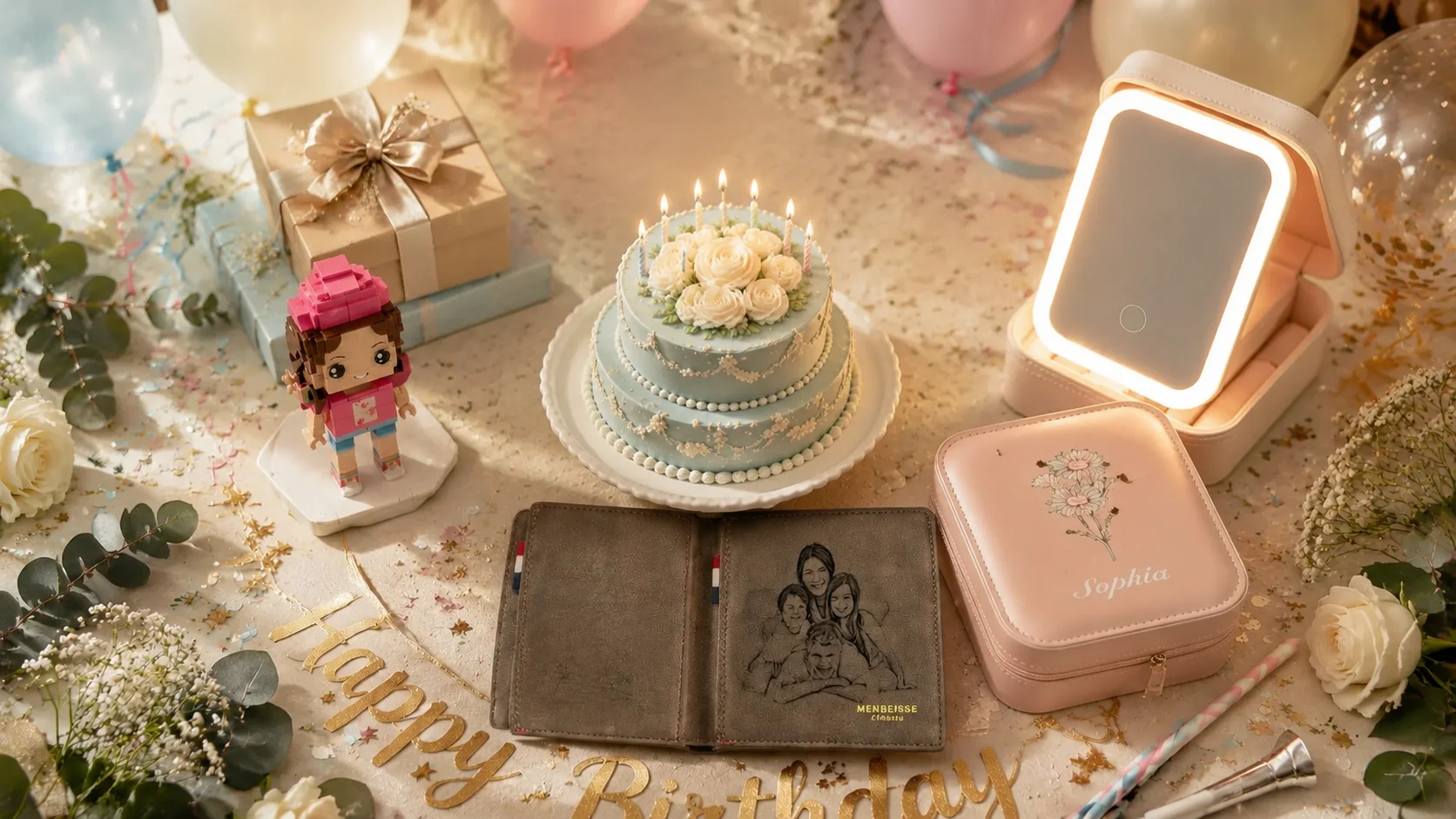 Gift guide cover: large two-tier birthday cake with custom brick figure, birth flower jewelry box, leather wallet, balloons, and flowers.