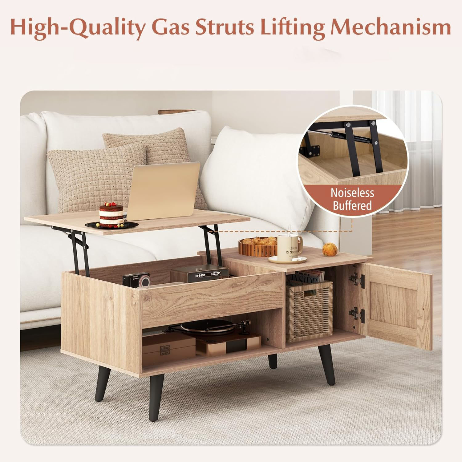 Lift Top Coffee Table with Storage Living Room Table with Hidden Compartment Cabinet & Open Shelf Flip Top Center Table, Pull up Coffee Table for Home, Office  Home Small Space Natural