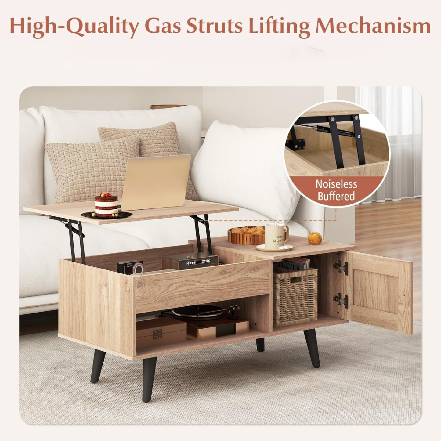 Lift Top Coffee Table with Storage Living Room Table with Hidden Compartment Cabinet & Open Shelf Flip Top Center Table, Pull up Coffee Table for Home, Office  Home Small Space Natural