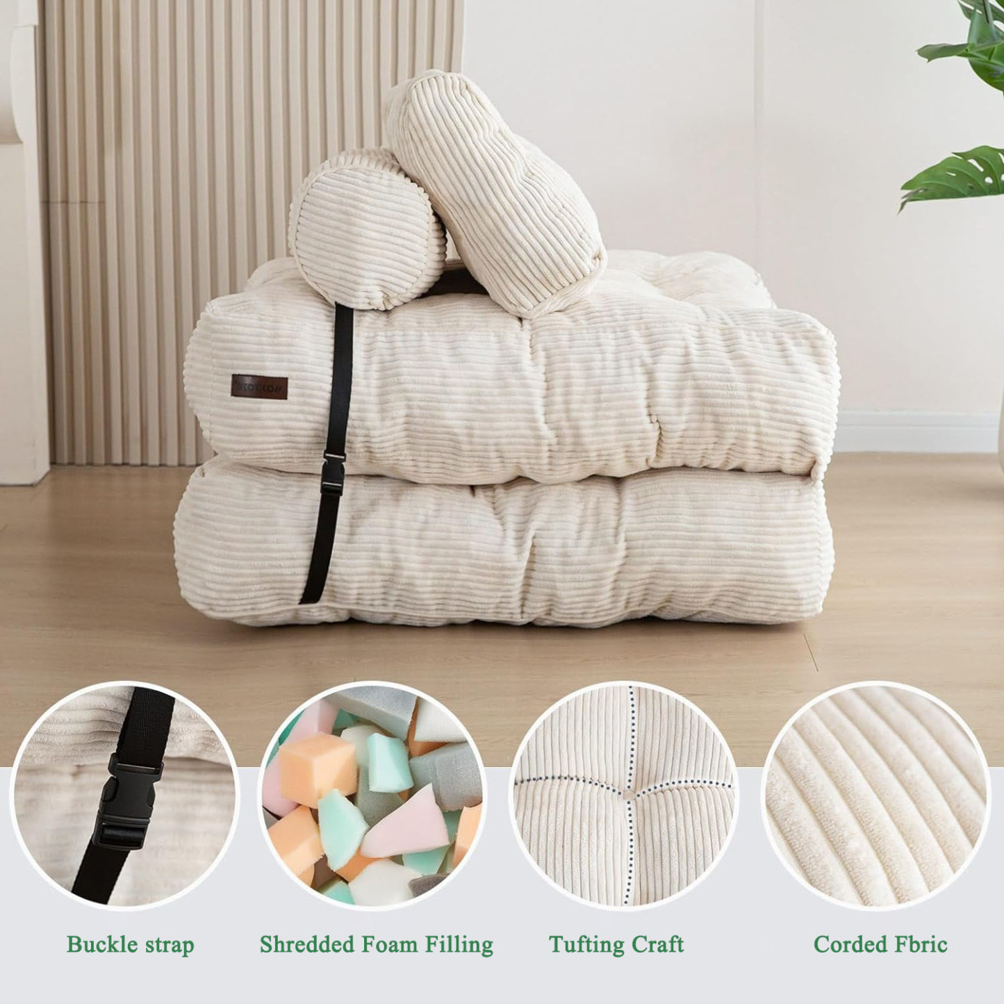 Folding Sofa Bed Convertible Sleeper Chair with Foldable Matress with Back Support Portable Fold Out Chair Bed Comfy Floor Sofa Lounge for Living Room Bedroom Single Beige/Black/Dark Grey/Green/Orange/Pink