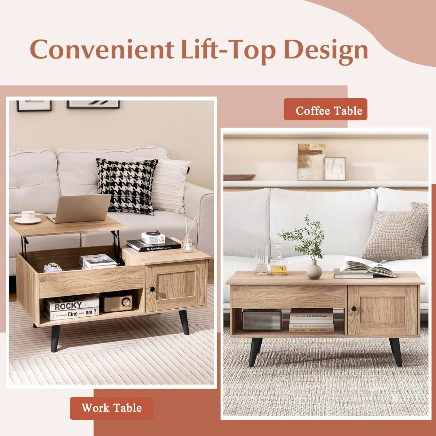Lift Top Coffee Table with Storage Living Room Table with Hidden Compartment Cabinet & Open Shelf Flip Top Center Table, Pull up Coffee Table for Home, Office  Home Small Space Natural
