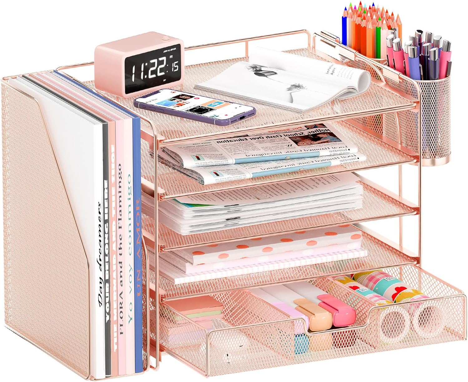 Desk Organizers and Accessories 5-Tier Paper File Organizer with Drawer & Pen Holder Simple Trending 5-Tier Desk File Organizer Office Desk Accessories  Workspace Desktop Organizer for Office Supplies