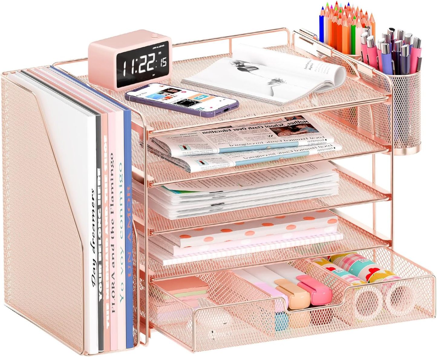 Desk Organizers and Accessories 5-Tier Paper File Organizer with Drawer & Pen Holder Simple Trending 5-Tier Desk File Organizer Office Desk Accessories  Workspace Desktop Organizer for Office Supplies