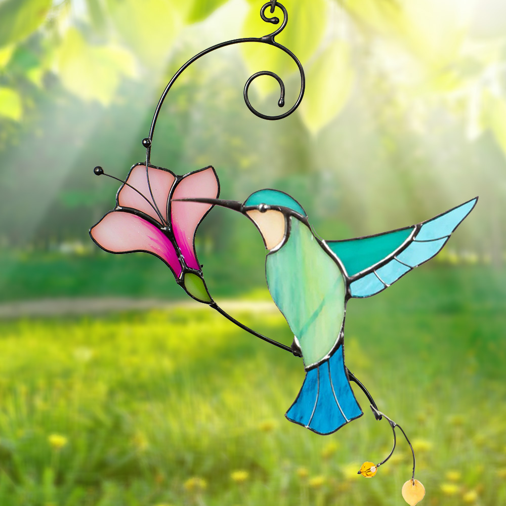 Glass Blue Bird Suncatcher with Flower - Unique Window & Wall Hanging Gift for Bird Lovers