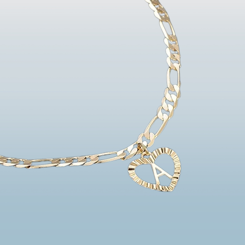 14K gold plated women's monogrammed anklet: hand layered Figaro chain with customized initials and heart elements for an exclusive ankle bracelet