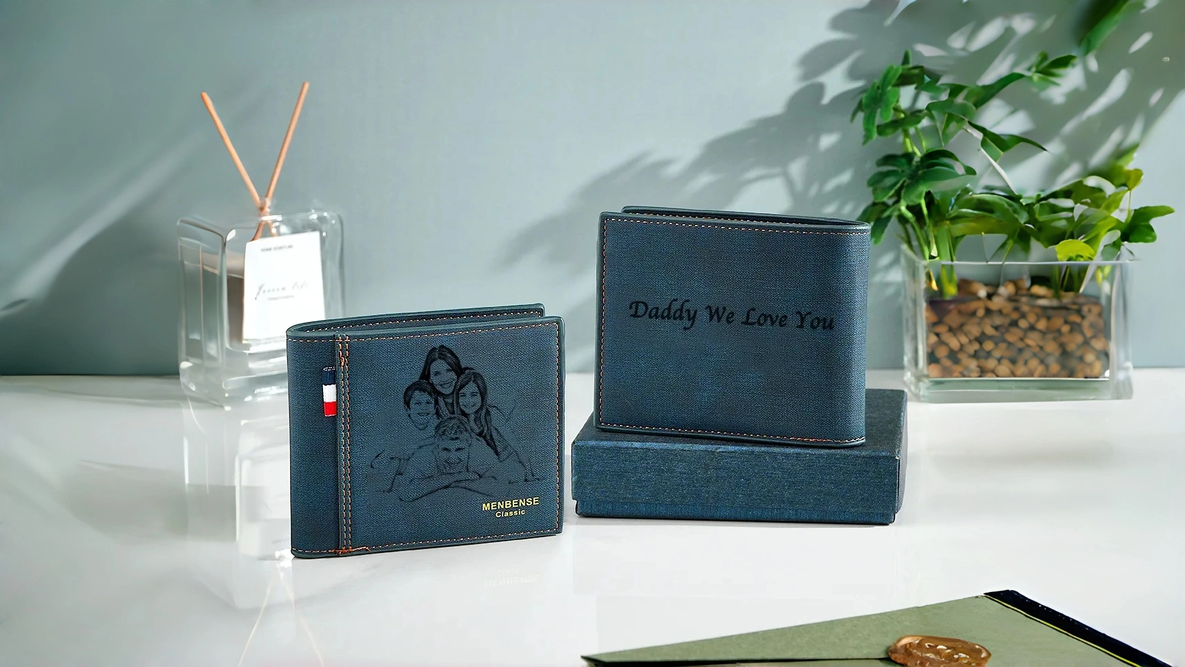 A personalized men's foldable PU leather wallet with photo and custom engraved text, displayed on a table &mdash; a thoughtful birthday gift for him.