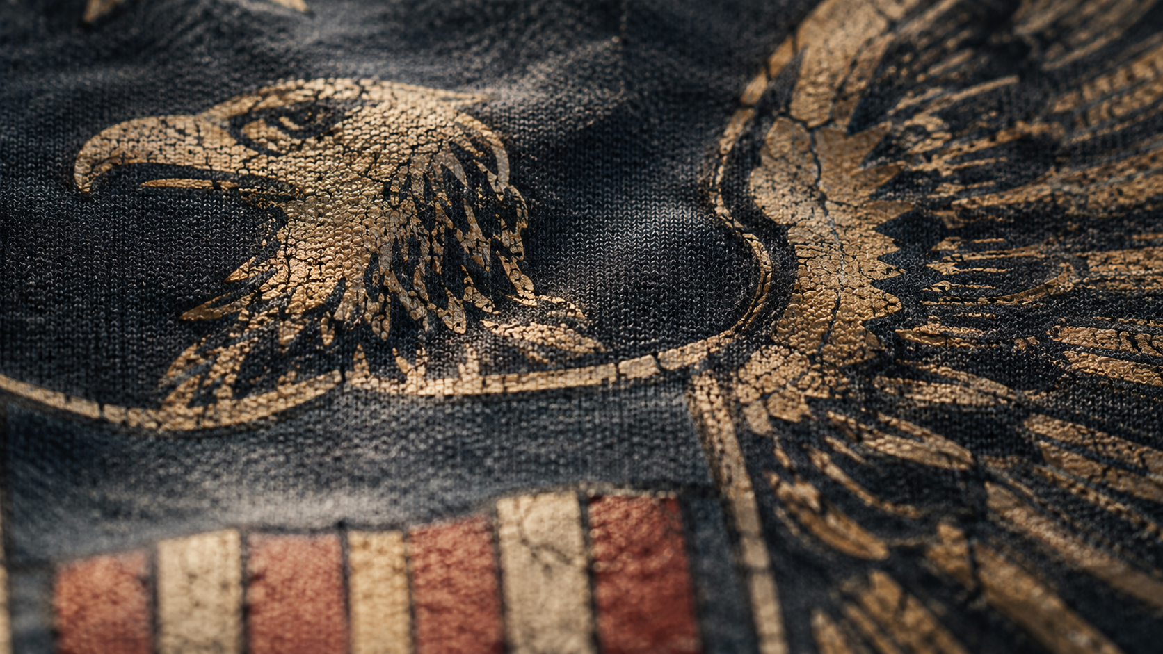 Close-up texture detail of a retro distressed American eagle graphic printed on heavyweight cotton fabric
