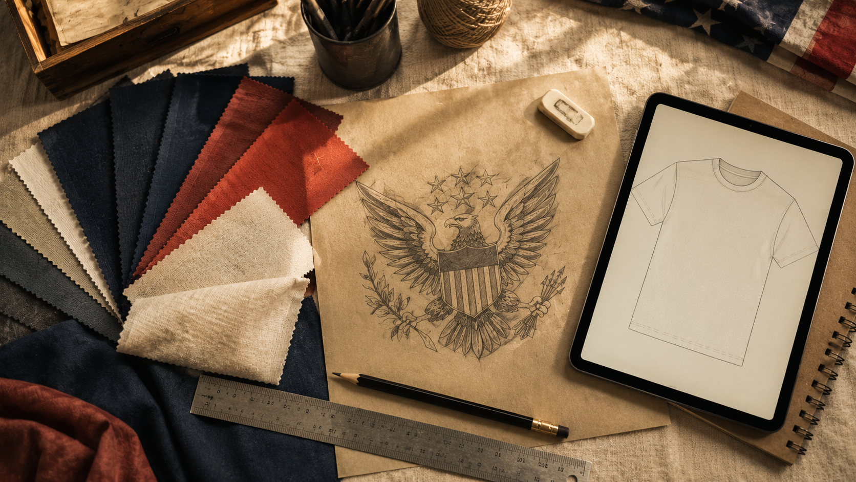 Flat lay of a t-shirt customization workspace with fabric color swatches, a sketched eagle badge design, and a mockup tablet