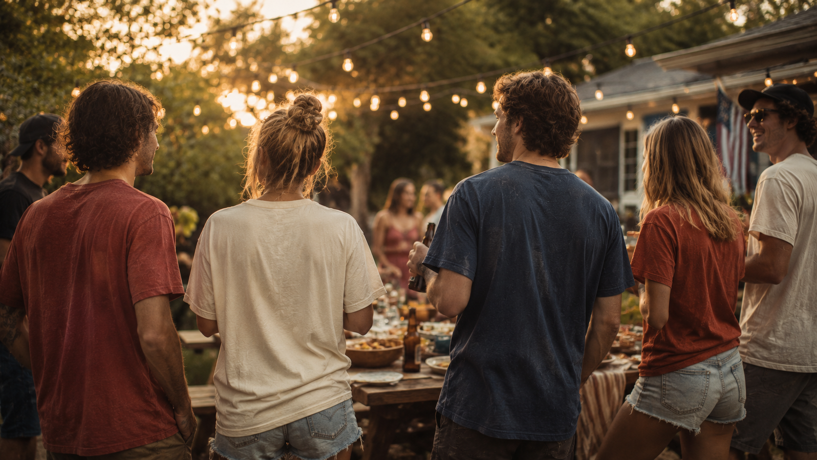 Group of friends at an outdoor summer gathering wearing coordinated retro-style America 250 custom t-shirts in faded red navy and cream