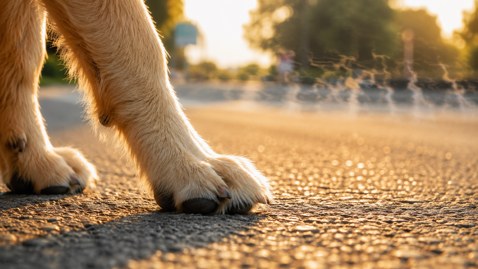 Close-up of a dog's paw on hot pavement illustrating ground-level heat risk