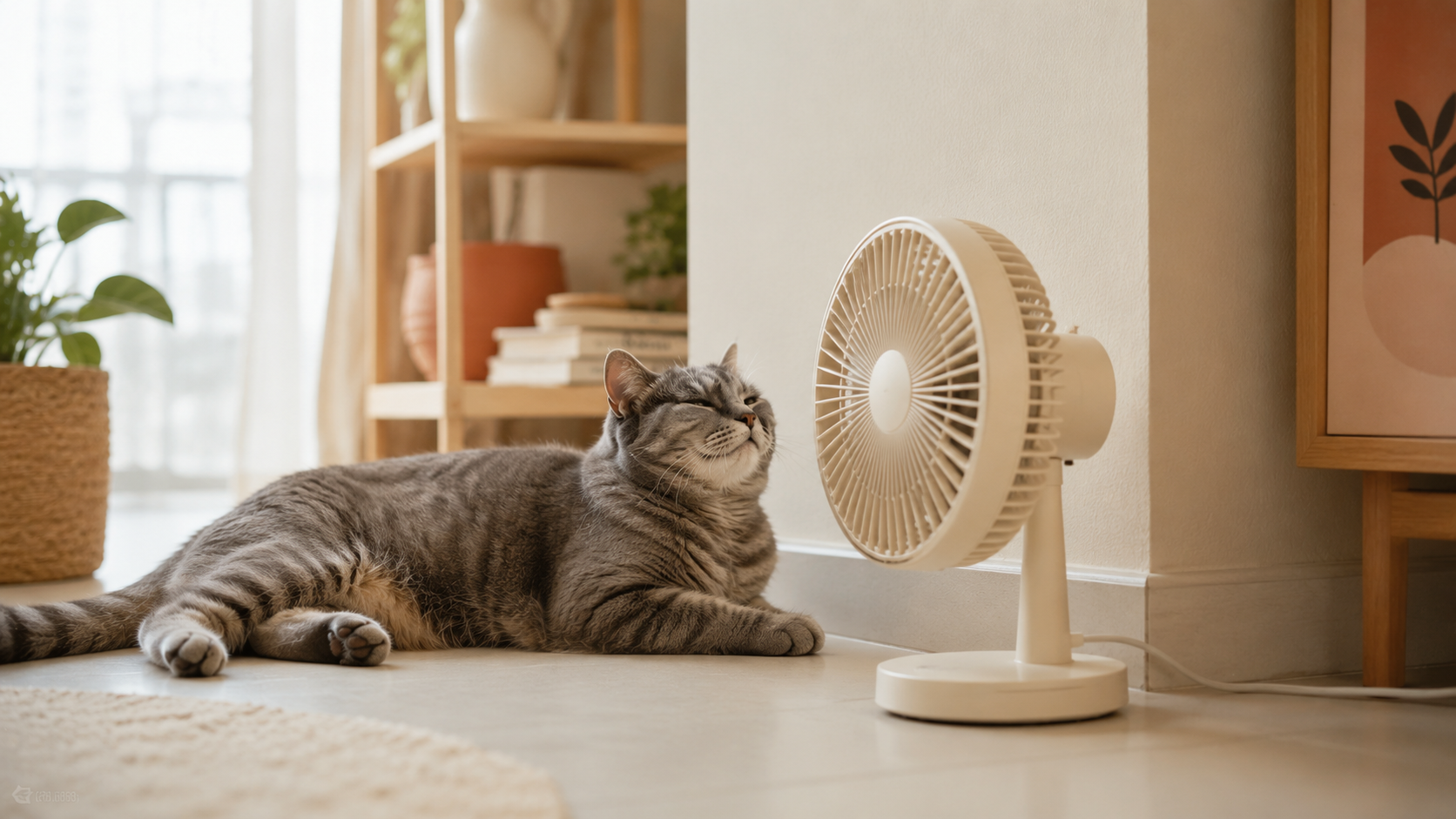 Cat lying next to a fan on a hot day in a shaded indoor corner