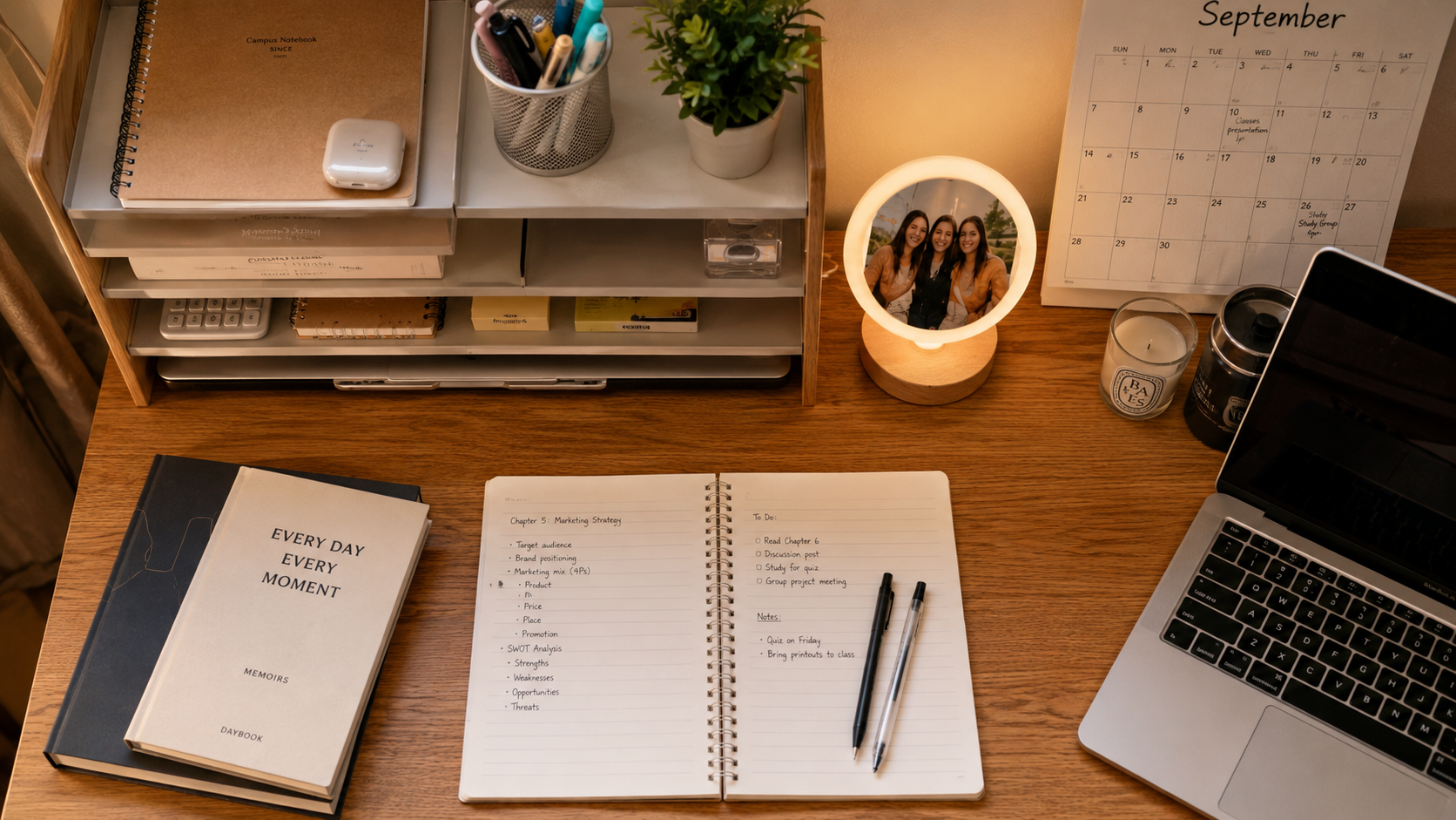 Overhead flat-lay of a personalized dorm desk setup with a name-engraved organizer, notebook, and small photo lamp arranged neatly