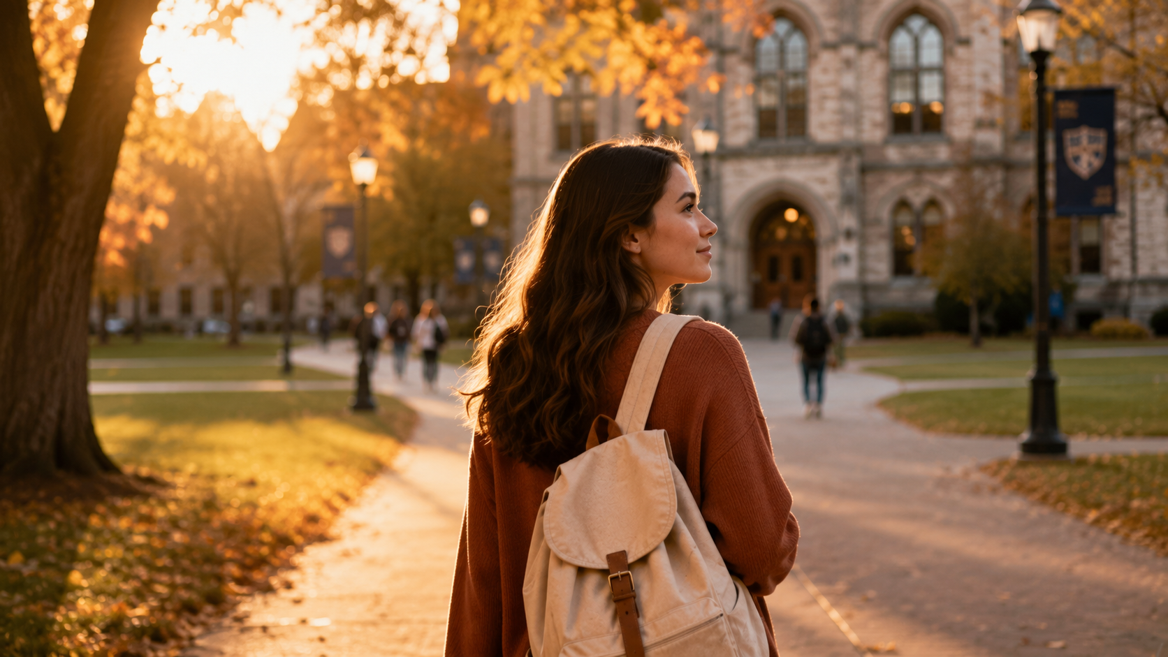 Student walking across a tree-lined campus quad at golden hour, wearing a canvas backpack with an embroidered name visible on the front pocket